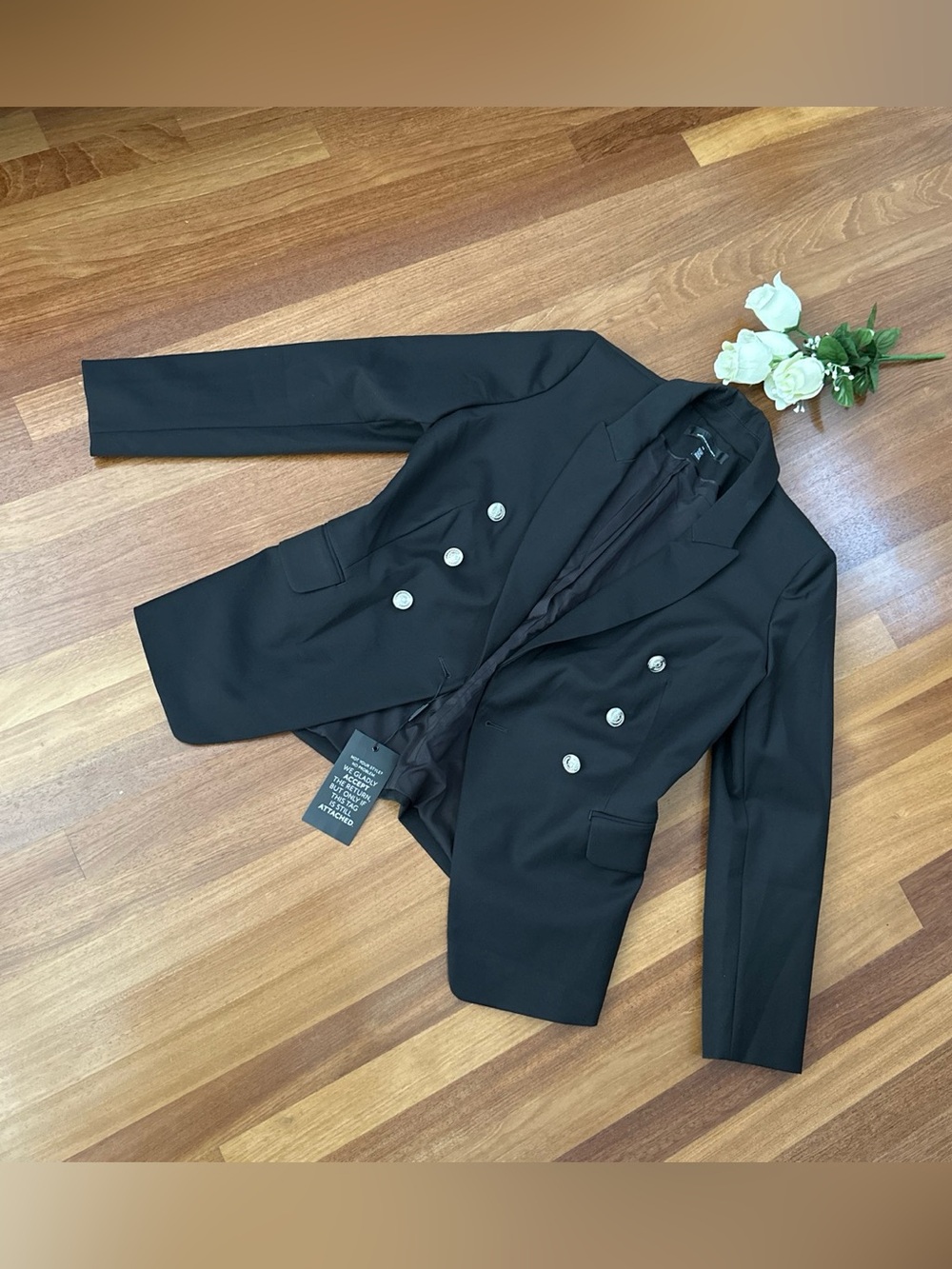 White House Black Market Black Double-Breasted Blazer with Metallic Buttons